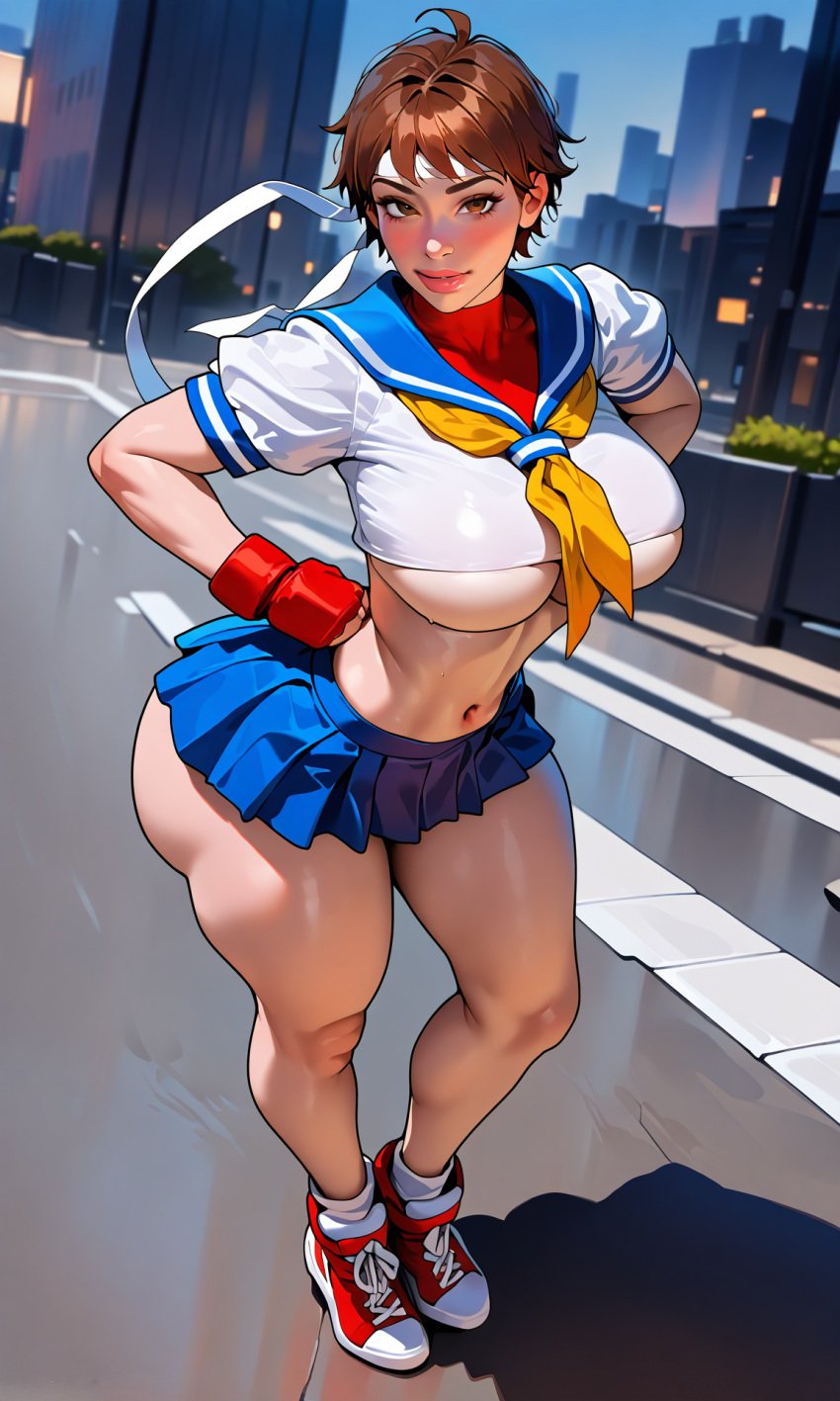 ai_generated big_ass big_breasts midriff miniskirt sakura_kasugano school_uniform street_fighter underboob