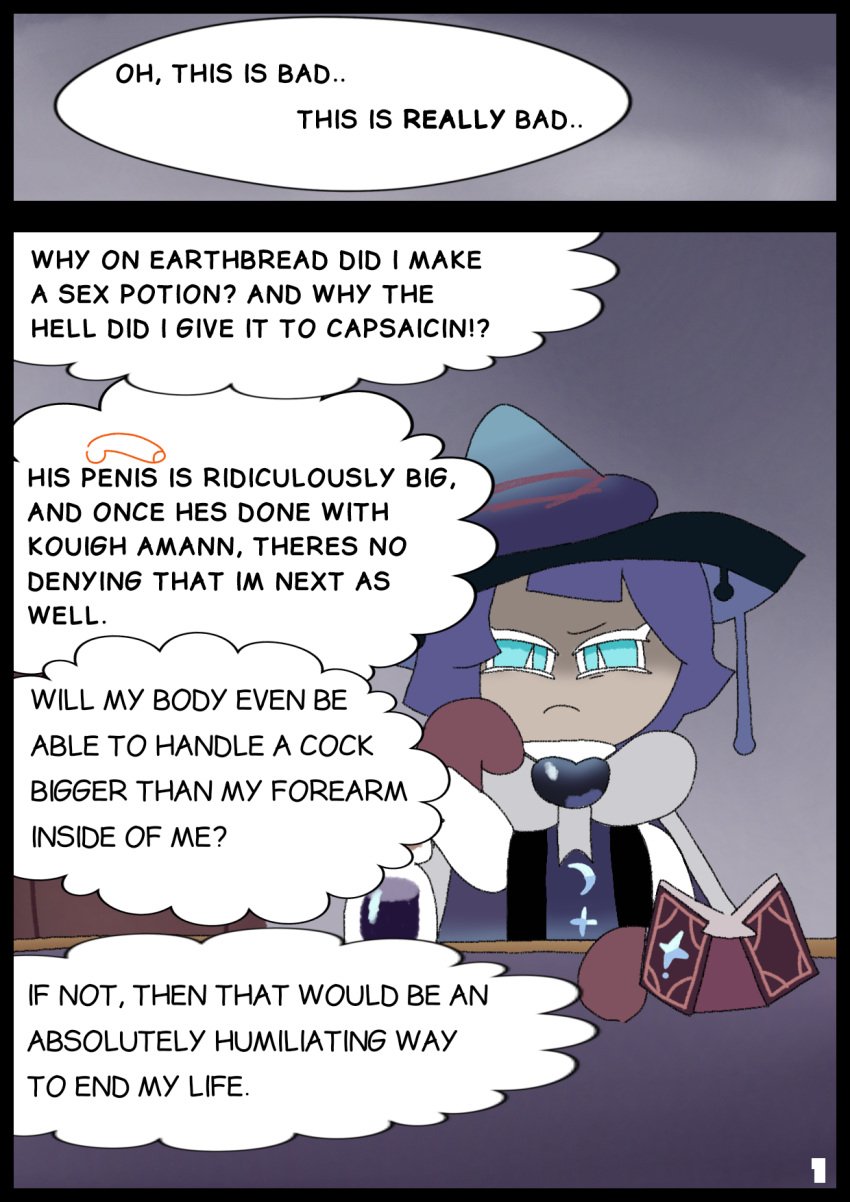 1boy blue_eyes book cape comic comic_page cookie_run cookie_run_kingdom desk dialogue english english_dialogue english_text frown frustrated gloves indigo_hair indoors mentioned_character page_1 page_number penis_symbol potion potion_bottle prune_juice_cookie reading_book researching solo speech_bubble studying text thinking thought_bubble wackymustdie wizard wizard_hat