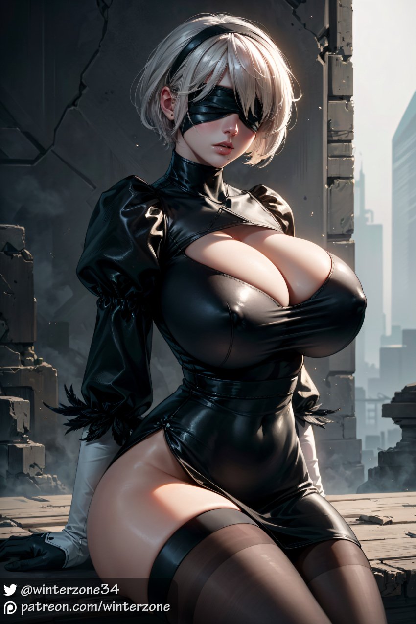 1girls ai_generated big_breasts cleavage dress female female_only hourglass_figure large_breasts light-skinned_female nier:_automata nipple_bulge outdoors revealing_clothes ruins short_hair sitting solo solo_female stable_diffusion thick_thighs white_hair winterzone yorha_2b