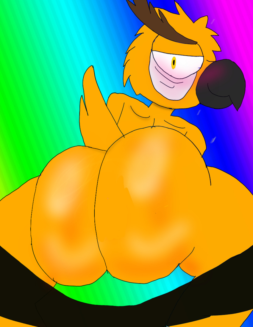 anthro ass ass_focus banana_bus_squad big_ass bird black_pants looking_back owl pants_down rainbow_background thick_thighs vanoss yellow_body yellow_eyes yellow_fur