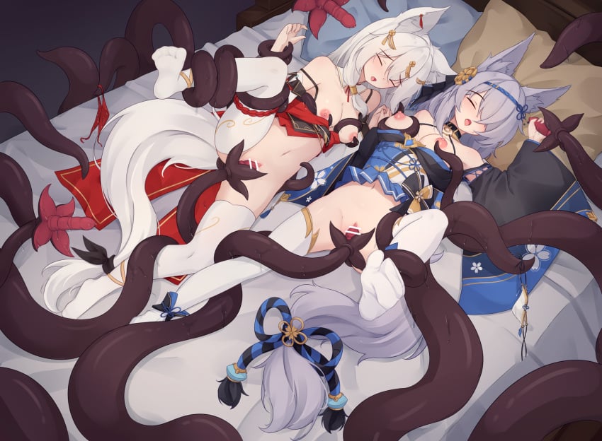 2girls animal_ear_fluff animal_ears bar_censor black_sleeves blue_dress breasts censored closed_eyes commentary detached_sleeves dress english_commentary fox_ears fox_girl grey_hair handjob highres large_breasts long_hair lying multiple_girls nipples no_shoes on_back on_bed open_mouth original panties pillow pussy red_dress sleep_molestation spread_legs tentacle tentacle_sex thighhighs trimbil underwear vaginal_penetration variant_set white_panties white_sleeves white_thighhighs