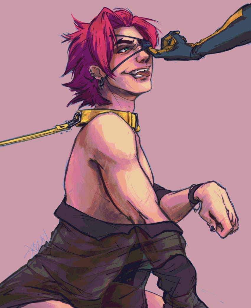 choker collar eye_patch eyepatch gay heartsteel_kayn heartsteel_series heartsteel_yone kayn league_of_legends leash leash_pull male male_focus male_only male_out_of_frame open_jacket petplay pink_eyes puppyplay purple_hair shirt shirt_on_shoulders shirt_only solo solo_focus solo_male two_tone_hair yaoi yone