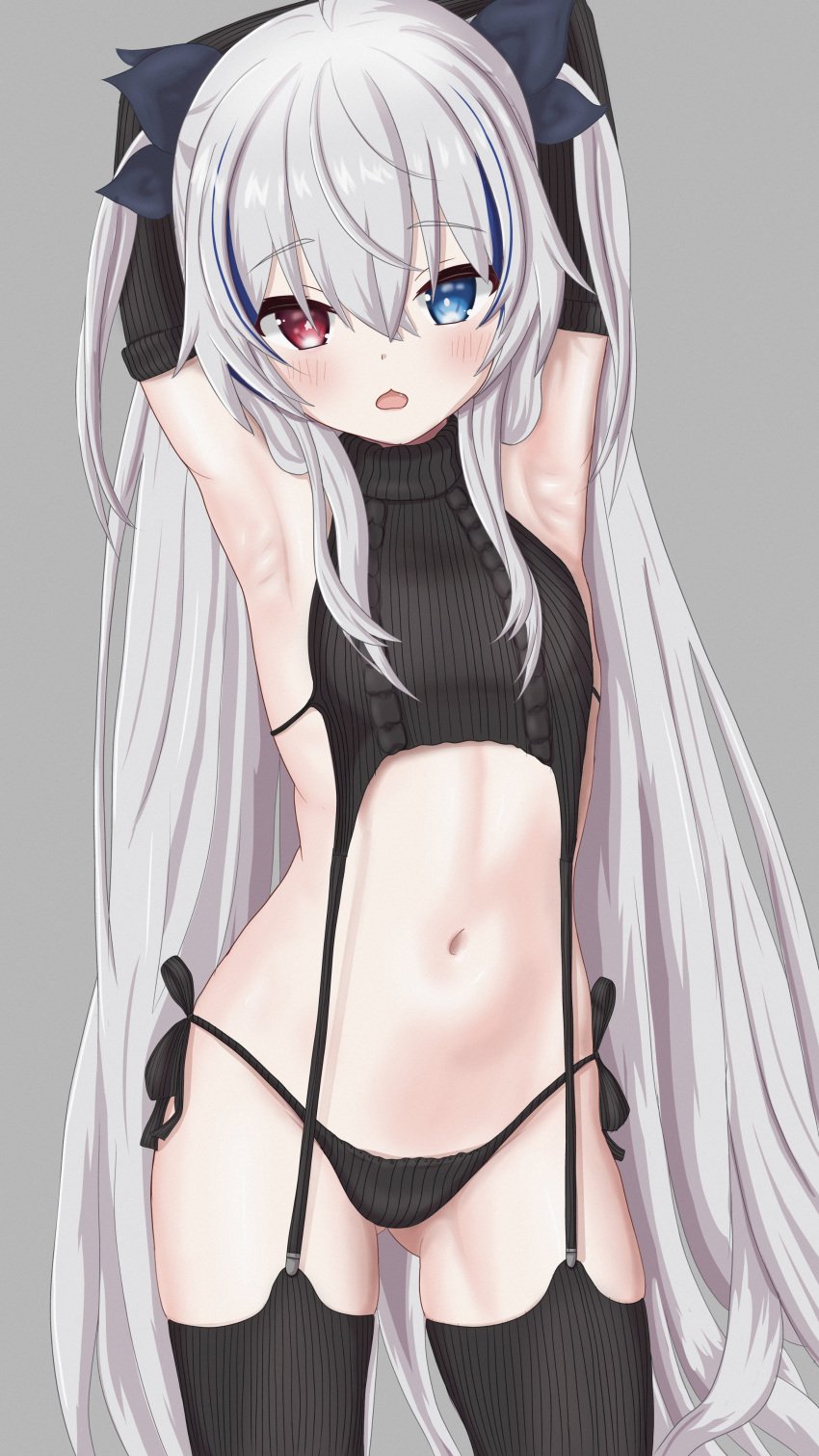 1girls arms_behind_head blush female female_focus female_only heterochromia highres indie_virtual_youtuber light-skinned_female light_skin long_hair looking_at_viewer nisha_nixyeva simple_background small_breasts sweater tenkis11 thighhighs thong virgin_destroyer_sweater virgin_killer_sweater virtual_youtuber white_hair