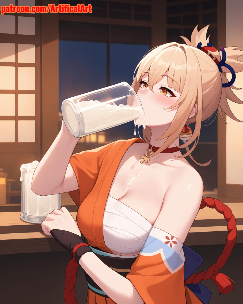 1girls ai_generated artifical_art blonde_female blonde_hair blush cum cum_in_mouth dripping_cum dripping_semen genshin_impact girl hair_ornament medium_hair orange_eyes perfect_body red_choker semen semen_in_mouth yoimiya_(genshin_impact)