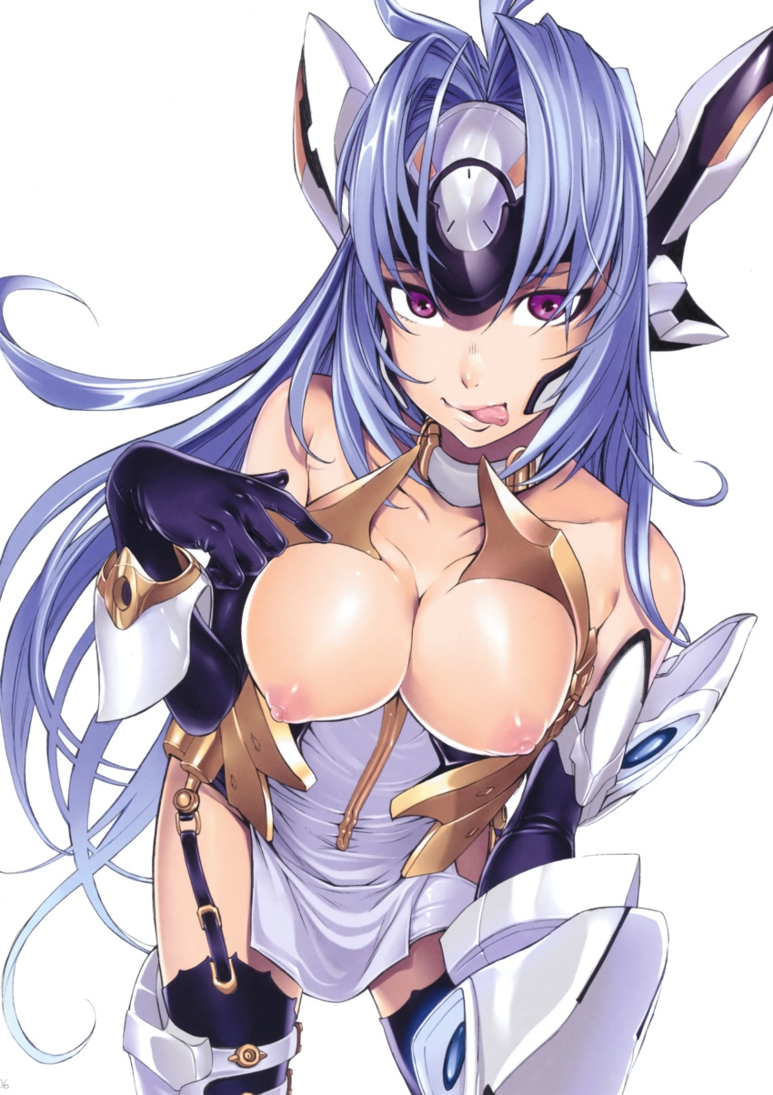 android areolae bare_shoulders blue_hair breasts elbow_gloves female garter_straps gloves hakaba_(dairiseki) high_resolution kos-mos large_breasts long_hair naughty_face nipples puffy_nipples red_eyes solo thigh_strap thighhighs tongue very_long_hair xenosaga xenosaga_episode_iii