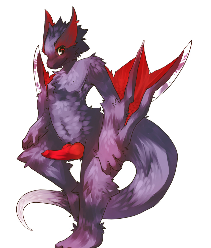 1boy anthro blush erection knot kosian looking_at_viewer male male_only monster_hunter nargacuga nipples nude penis pose red_eyes simple_background solo standing