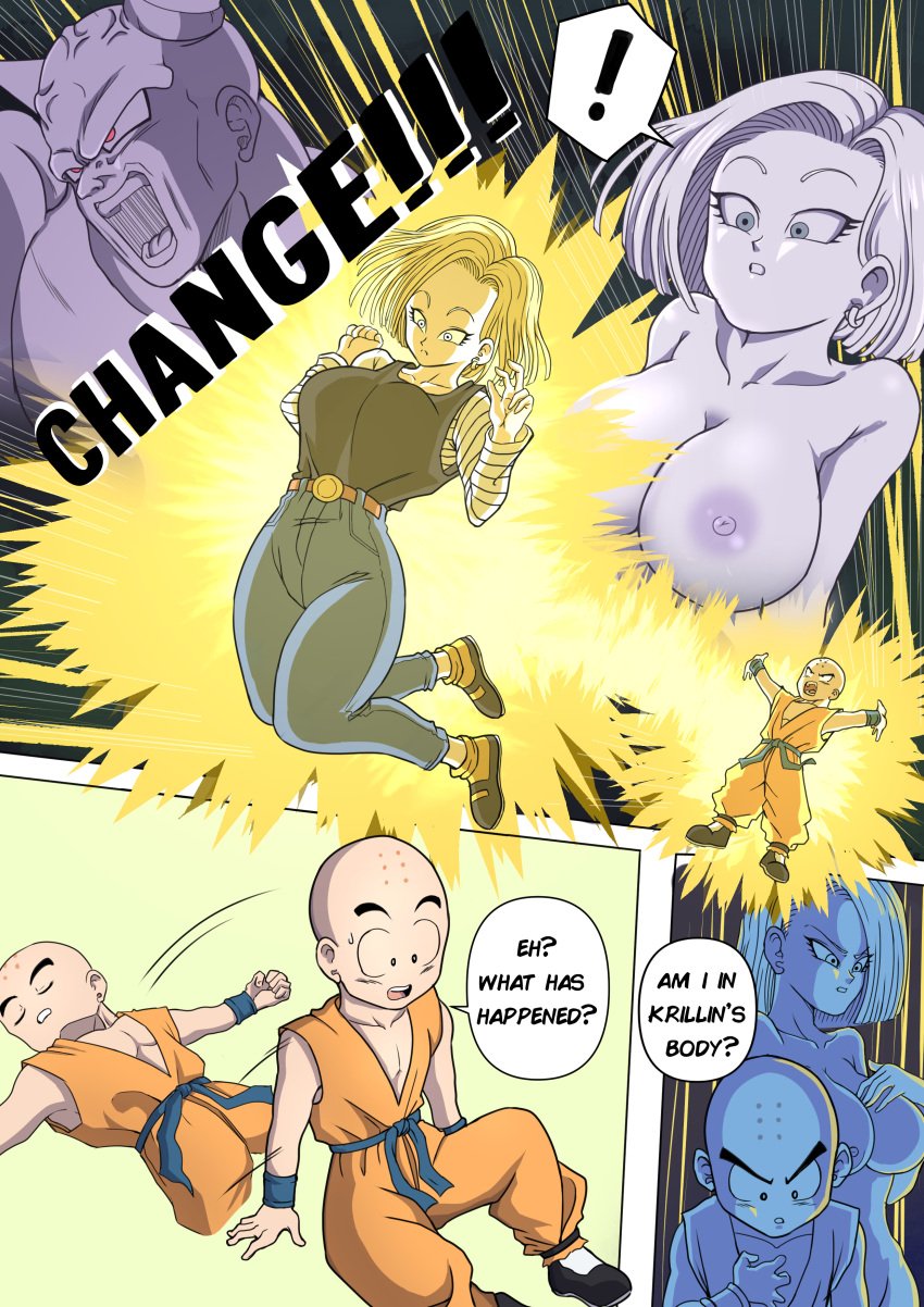 1boy 1girls android_18 axlexcima blonde_hair blue_eyes body_swap captain_ginyu comic dragon_ball dragon_ball_z english_text horns huge_breasts krillin kuririn page_1 red_eyes speech_bubble