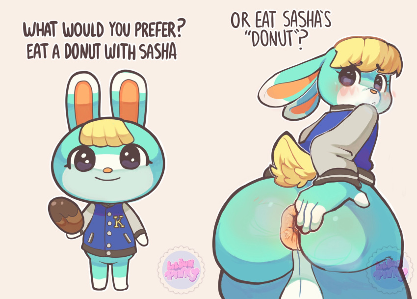 1boy animal_crossing anthro anus ass back back_view backsack balls big_ass big_butt blonde_hair blue_fur bottom_heavy bottomless clothed clothing donut donut_anus femboy hand_on_butt jacket large_ass lilbunpinky looking_back male male_only nintendo partially_clothed puffy_anus rabbit sasha_(animal_crossing) solo topwear