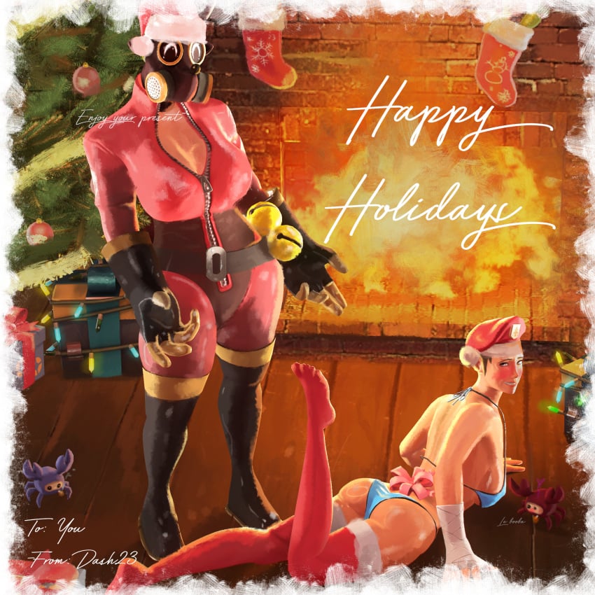 2girls 3d 3d_(artwork) 5_fingers 5_toes ass back bell bells belt big_breasts bikini blue_bikini blue_bra blue_panties blue_underwear blush blushing blushing_at_viewer bra breasts brown_hair butt christmas christmas_lights christmas_outfit christmas_tree corset dash23 english_text feet female female_only fempyro femscout fireplace foot_up full_body fully_clothed fully_clothed_female gas_mask gift gloves hands_on_floor hands_on_ground heart holidays hourglass_figure latex latex_gloves latex_suit legs light-skinned_female light_skin lying_on_floor lying_on_ground lying_on_stomach masked masked_female multiple_girls no_visible_genitalia no_visible_nipples one_leg_up open_clothes open_eyes panties presenting presenting_another pyro_(team_fortress_2) red_clothing red_stockings ribbon rule_63 santa_hat sfm smile smiling smiling_at_viewer source_filmmaker spycrab standing stockings team_fortress_2 thigh_boots underwear zipper