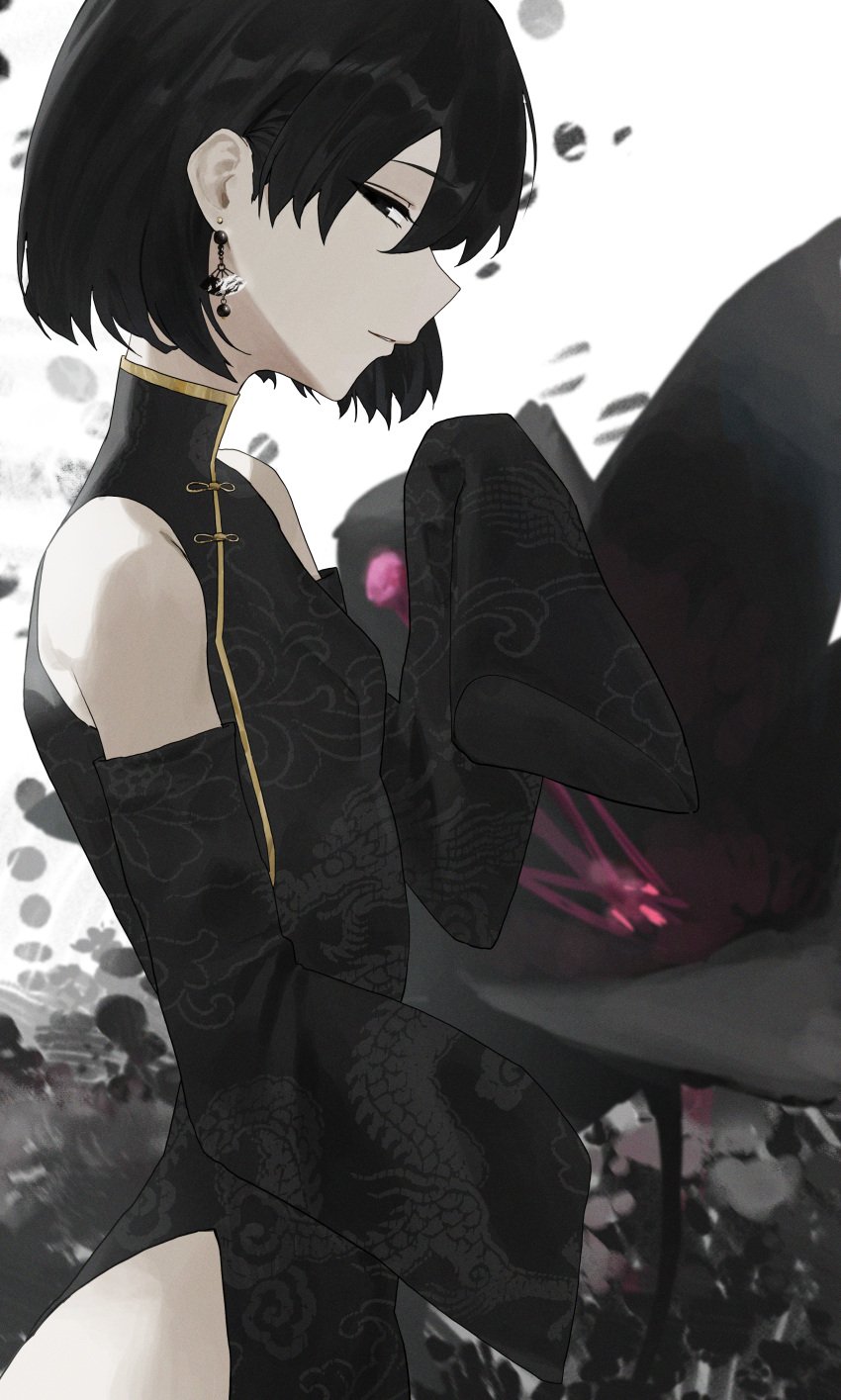 absurdres bare_shoulders black_eyes black_hair breasts china_dress chinese_clothes dress earrings female from_side highres jewelry looking_at_viewer medium_hair monogatari_(series) oshino_ougi small_breasts solo tabulagami