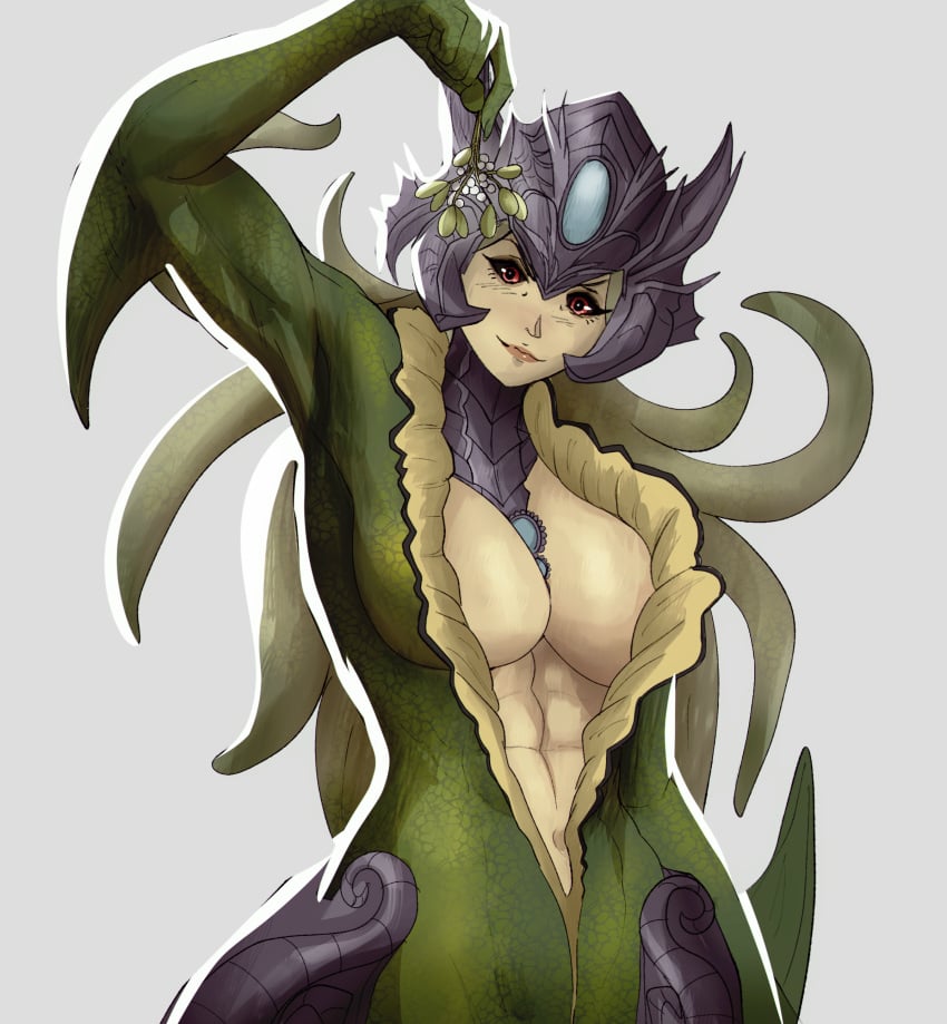 2023 abs armor black_sclera christmas commission confident crown female gorget holding_mistletoe holding_object league_of_legends marai mermaid mistletoe monster_girl muscular muscular_female nami_(league_of_legends) necklace red_eyes smug smug_expression smug_face smug_grin smug_smile yoracrab