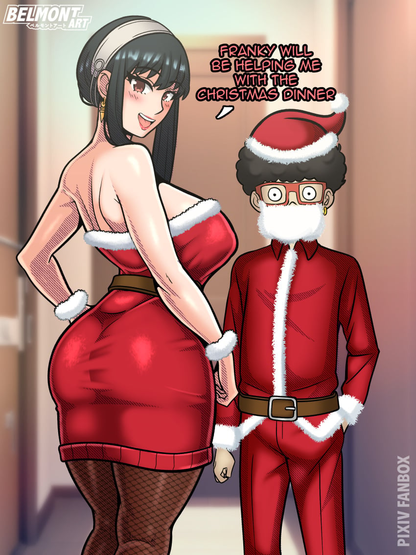 1boy 1girls belmont big_ass big_breasts big_butt christmas christmas_outfit dress english_text female fishnets franky_franklin human male size_difference spy_x_family text thick_thighs thighs wide_hips yor_briar