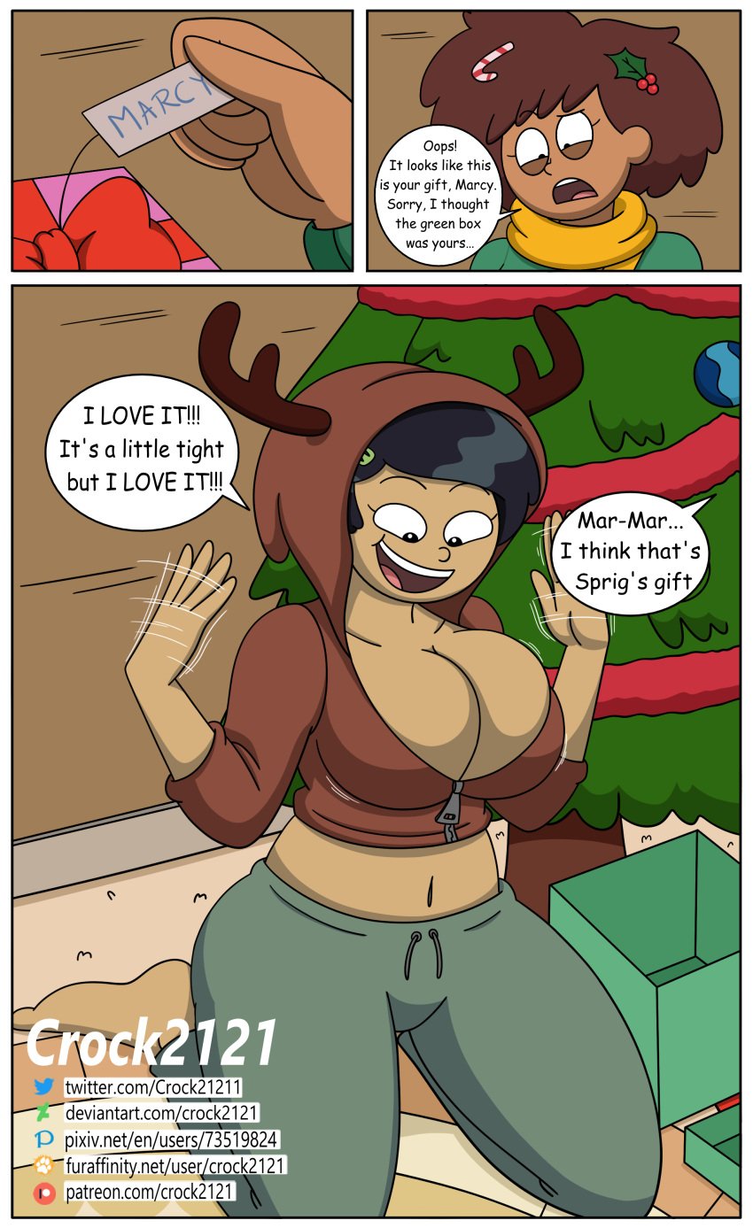 2girls amphibia anne_boonchuy big_ass big_breasts boob_window breast_press christmas cleavage clothed comic crock2121 crock21211 female female_only gift hoodie large_breasts marcy_wu multiple_girls no_bra tight_clothing wardrobe_malfunction