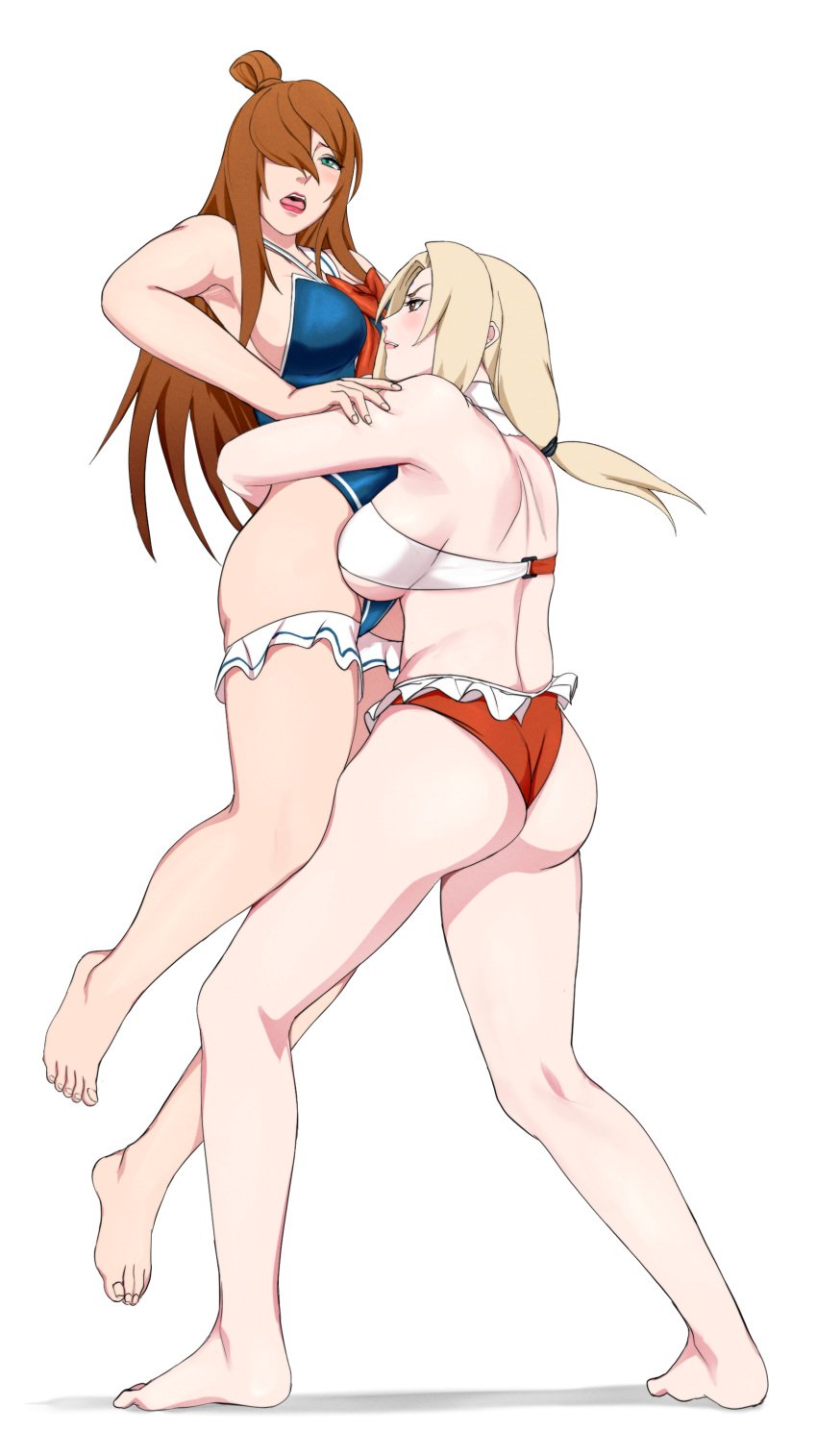 2girls barefoot bear_hug bearhug big_breasts bikini blonde_hair blush breasts brown_hair carrying carrying_partner catfight cling degato feet female female/female female_only hugging implied_yuri mature mature_female mei_terumi milf milf_on_milf moaning multiple_girls naruto naruto_(series) naruto_shippuden revealing_clothes sexually_suggestive stand_and_carry_position standing submission_hold suggestive suggestive_pose tsunade voluptuous wrestling yuri