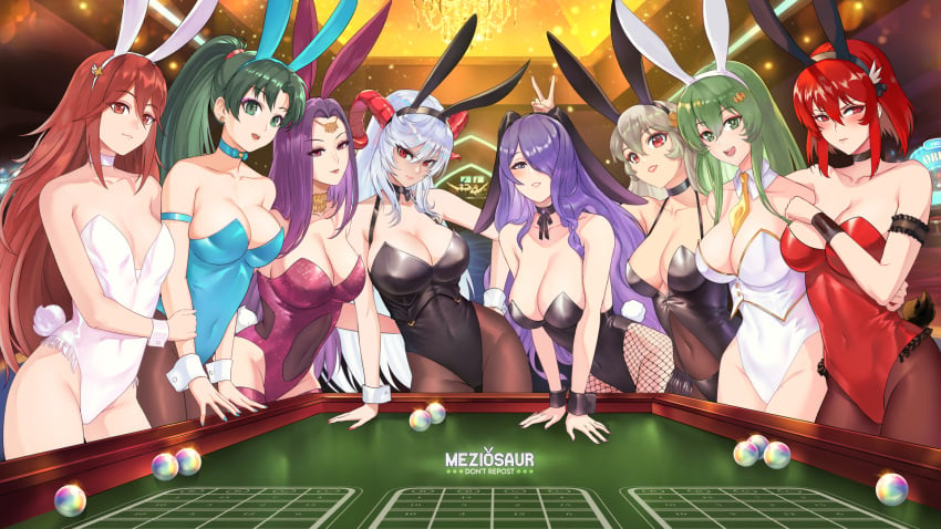 >:) 6+girls 8girls :d alternate_costume angry bare_thighs blush bodystocking breasts bunny_ears bunny_girl bunnysuit camilla_(fire_emblem) casino choker cleavage cordelia_(fire_emblem) corrin_(female)_(fire_emblem) corrin_(fire_emblem) corrin_(fire_emblem)_(female) covered_navel embarrassed erinys_(fire_emblem) eyeshadow female female_only fire_emblem fire_emblem:_genealogy_of_the_holy_war fire_emblem:_mystery_of_the_emblem fire_emblem:_shadow_dragon_and_the_blade_of_light fire_emblem:_the_blazing_blade fire_emblem_awakening fire_emblem_echoes:_shadows_of_valentia fire_emblem_fates fire_emblem_gaiden fire_emblem_heroes fishnet_legwear fishnet_pantyhose fishnets freyja_(fire_emblem) frown green_eyes green_hair grey_hair hair_between_eyes hair_over_one_eye highres horns indoors large_breasts leotard long_hair looking_at_viewer lyn_(fire_emblem) makeup medium_breasts meziosaur minerva_(fire_emblem) multiple_girls nintendo open_mouth orb pantyhose playboy_bunny ponytail purple_eyes purple_hair red_eyes red_hair short_hair small_breasts smile sonya_(fire_emblem) strapless strapless_leotard thighs v v-shaped_eyebrows very_long_hair white_hair