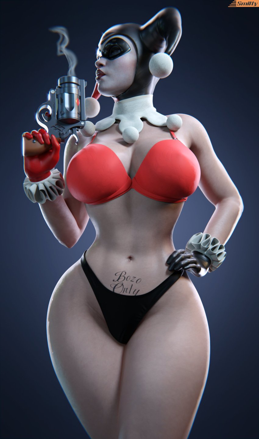 1girls 3d 3d_(artwork) armed batman:_arkham_knight batman_(series) belly_button big_breasts big_hips big_thighs body_writing bra busty dc dc_comics eyemask female_only firearm front_view gloves gun gun_smoke hand_on_hip handgun harley_quinn harley_quinn_(classic) harley_quinn_(injustice) headwear holding_object holding_weapon human human_only injustice_2 looking_at_viewer mask midriff panties pistol revolver simple_background smitty34 solo solo_female standing tattoo thick_thighs three-quarter_portrait underwear weapon wide_hips wristwear writing_on_body