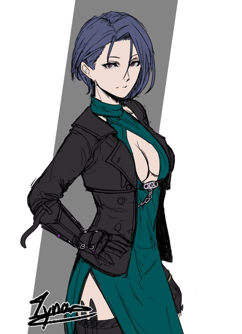 1girls alternate_costume blue_hair boots breasts cm_lynarc dress female female_only fire_emblem fire_emblem:_three_houses gloves hair_between_eyes inner_sideboob jacket knife looking_at_viewer nintendo open_clothes open_jacket purple_eyes shamir_nevrand short_hair side_slit simple_background small_breasts smile standing thigh_boots weapon