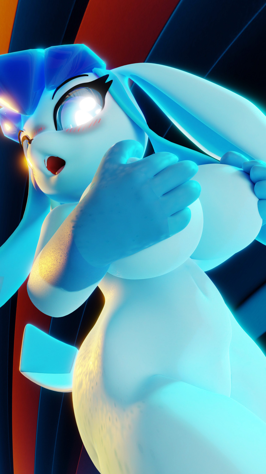 3d_(artwork) 4k 9:16 abstract_background absurd_res anthro areola big_breasts biped blender_(software) blender_cycles blue_body blue_hair blush blush_lines breasts clothing covering covering_breasts digital_media_(artwork) ears_down eeveelution embarrassed female fever-dreamer fur generation_4_pokemon glaceon glowing glowing_eyes hair hi_res long_ears mammal multicolored_body multicolored_fur nintendo nude open_mouth paws pivoted_ears pokemon pokemon_(species) shocked solo surprised_expression swimwear tail two_tone_body two_tone_fur xazter3d