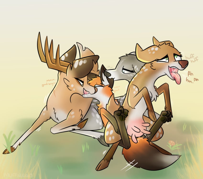 absurd_res antlers bodily_fluids canid canine deer dominant dominant_female female feral fox french_kissing fucked_silly group hi_res hooves horn interspecies kissing male male/female mammal muffinlicious nibbling pawpads paws saliva sex simple_background teats tongue_in_throat udders