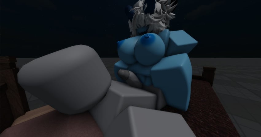 1boy 1girls 3d areolae baseplate bed big_breasts blue_skin breasts cowgirl_position demon demon_girl demon_horns hecahhte nipples nude penis roblox robloxian rubbing rubbing_penis tagme white_hair