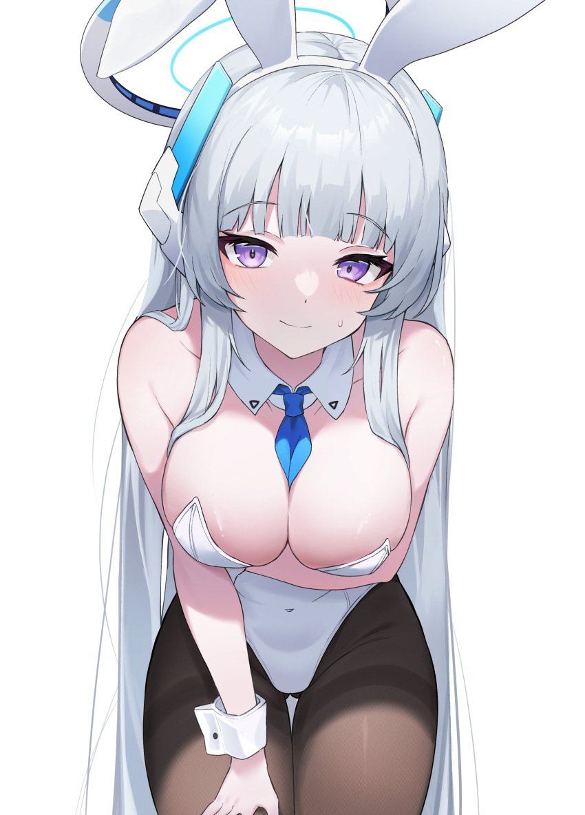 1girls absurdres animal_ears bangs bare_arms bare_shoulders big_breasts black_pantyhose blue_and_white_halo blue_archive blue_necktie blunt_bangs blush blush_lines blushing_at_viewer breasts bunnysuit cleavage closed_mouth cowboy_shot detached_collar eyebrows_visible_through_hair fake_animal_ears grey_hair halo highres huge_breasts large_breasts leaning_forward leotard long_hair looking_at_viewer mechanical_halo meow_nyang millennium_science_school_student necktie noa_(blue_archive) pantyhose playboy_bunny purple_eyes rabbit_ears seminar_(blue_archive) simple_background smile smiling smiling_at_viewer solo strapless_leotard white_background white_leotard white_wrist_cuffs wrist_cuffs