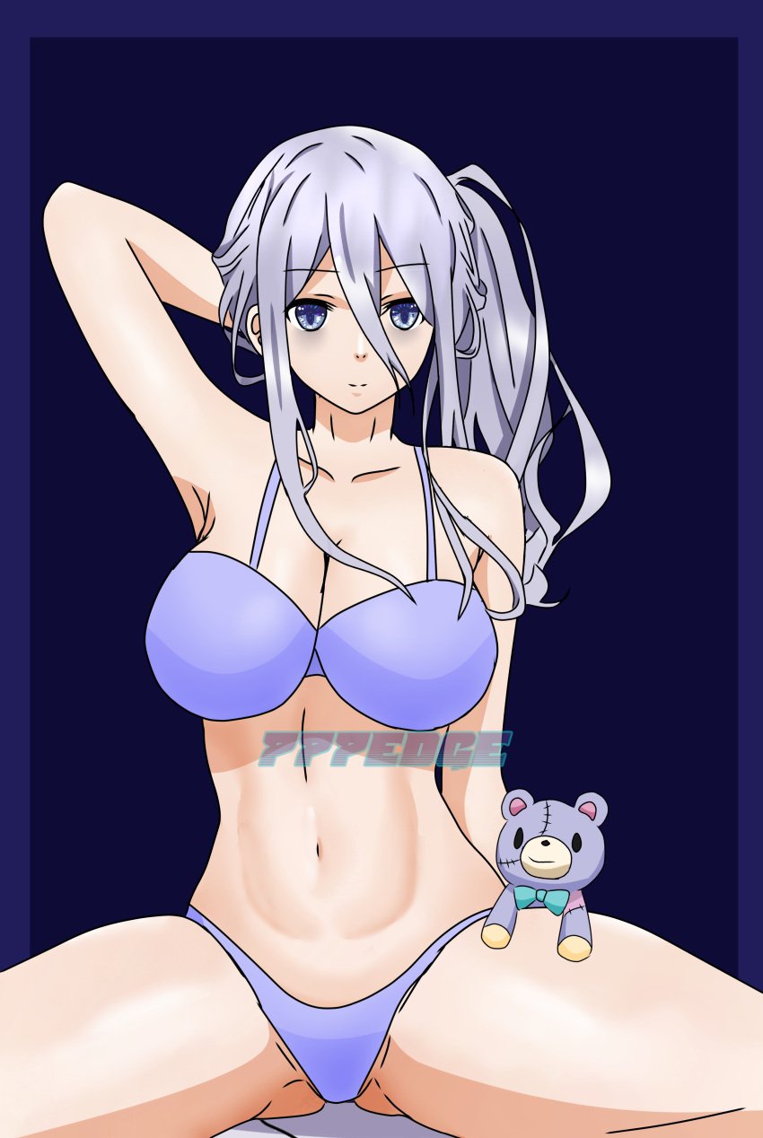 1girls 777edge belly bikini blue_eyes breasts date_a_live female_only grey_hair murasame_reine plushie teddy_bear white_skin