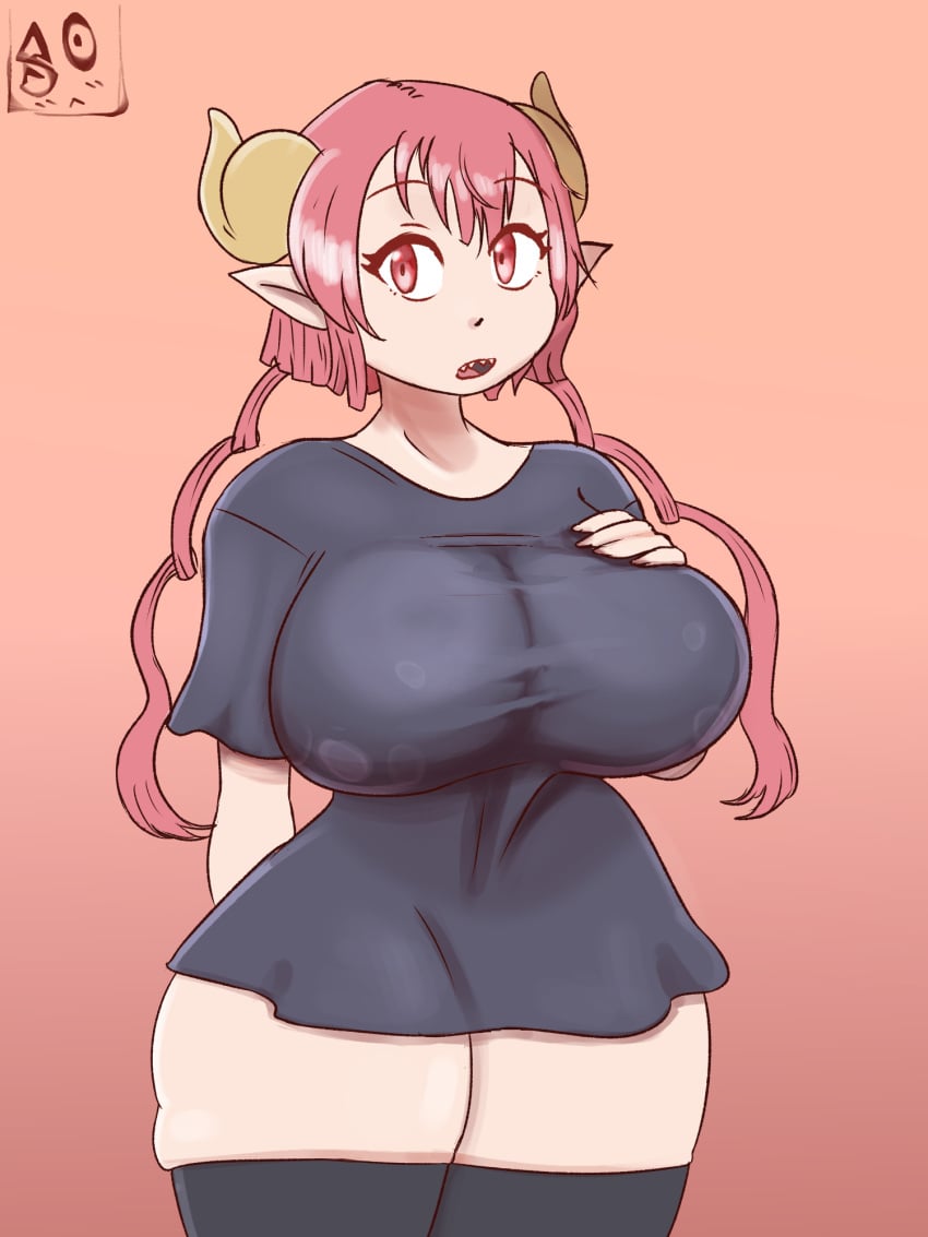 big_ass big_breasts big_butt ilulu_(dragon_maid) large_breasts large_thighs miss_kobayashi's_dragon_maid pink_hair shirt solo souley69 tagme thighhighs wide_hips