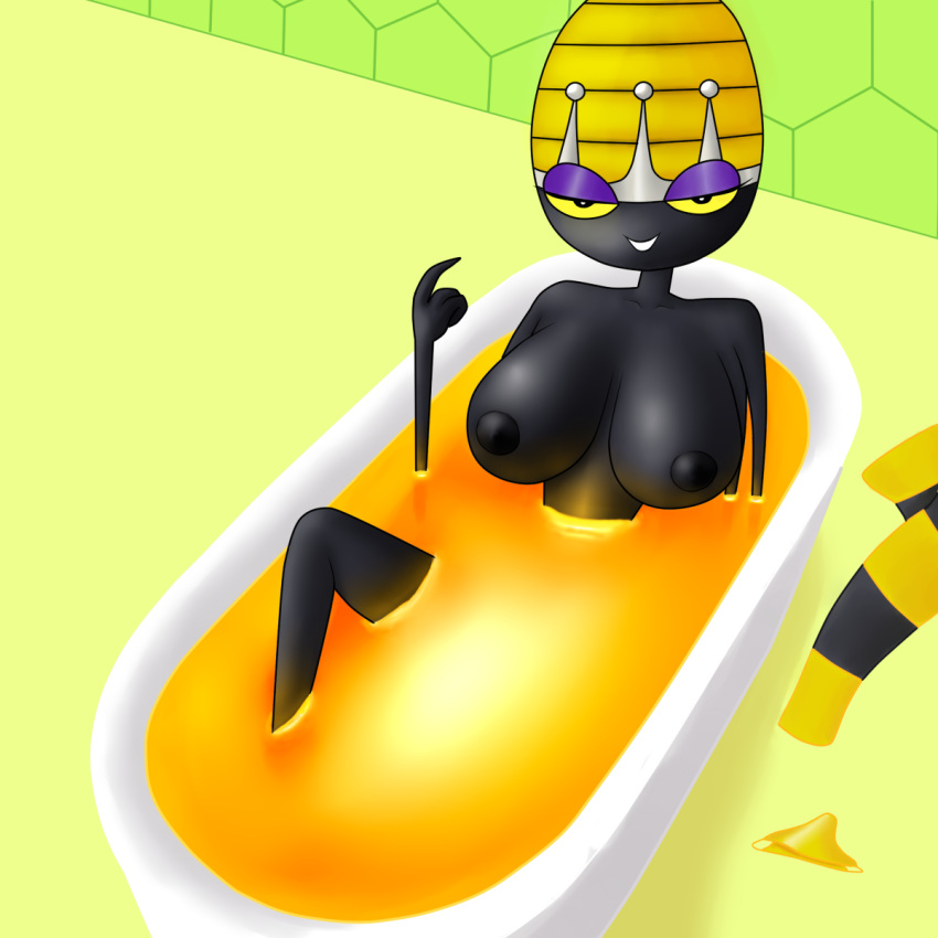 anthro bathtub beckoning bee black_skin hanna-barbera honey insect_girl large_breasts queen_bea redbenjamin secret_squirrel_show yellow_sclera