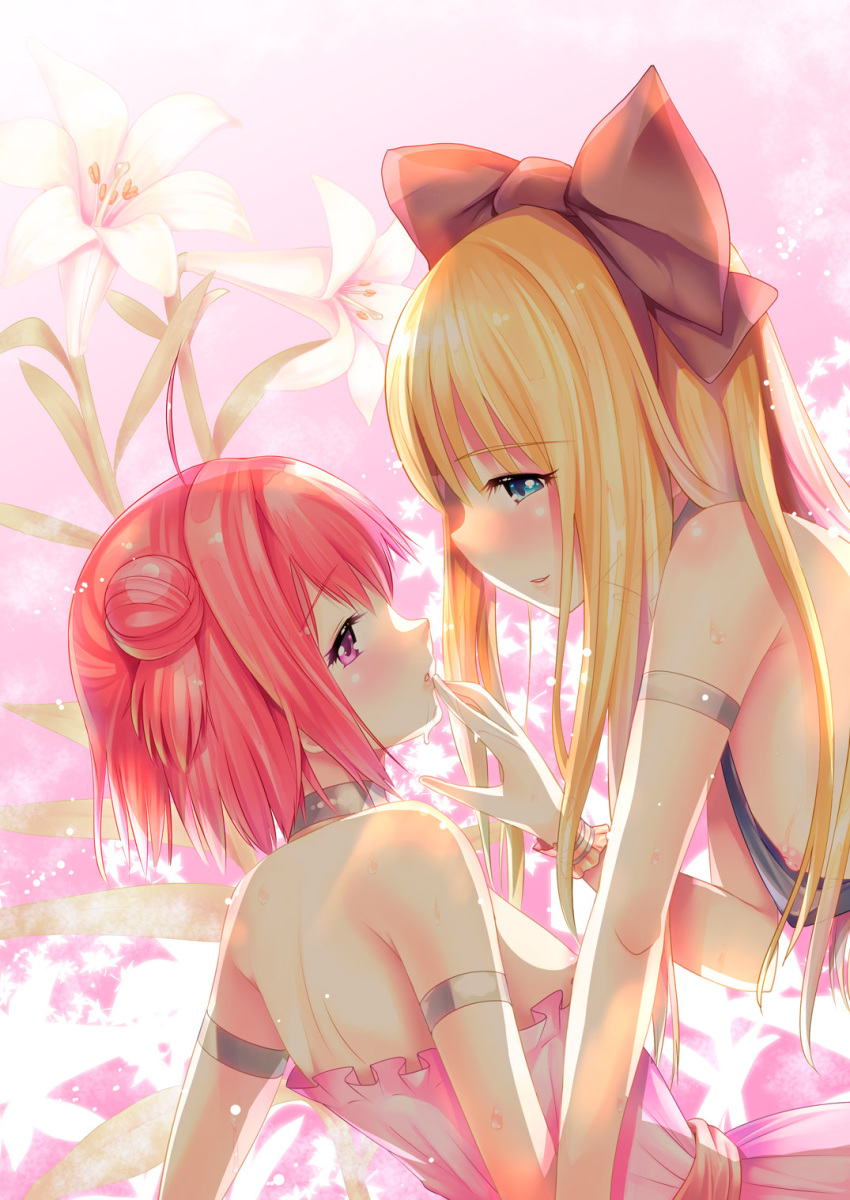 ahoge akaza_akari armband blonde_hair blue_eyes bow breasts choker clothing double_bun female finger_to_mouth flower hair_bun hairbow highres lily_(flower) long_hair multiple_girls nipple_slip nipples open_mouth pink_eyes red_hair s3bouzu saliva short_hair shousan_bouzu toshinou_kyouko wristband yuri yuru_yuri