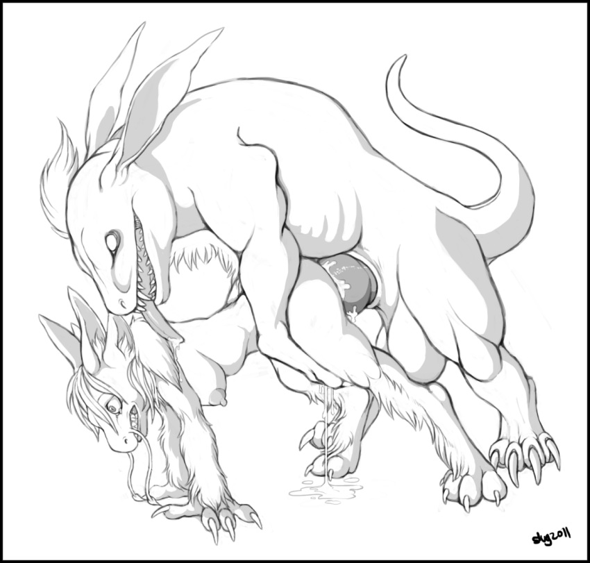 anthro anthro_on_feral zoophilia breasts cum cum_inside dragon drooling female feral from_behind hybrid interspecies knot large_insertion long_tongue nhala_levee pain paws rape_face saliva size_difference slug_(artist) tongue zoophilia