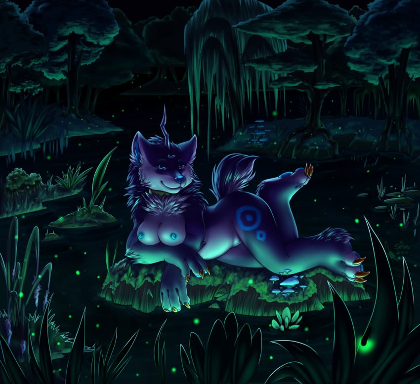 anthro bioluminescence blue_eyes breasts claws female glowing horn looking_at_viewer luna multi_eye nature nude pinup pussy shibara solo swamp unknown_species water