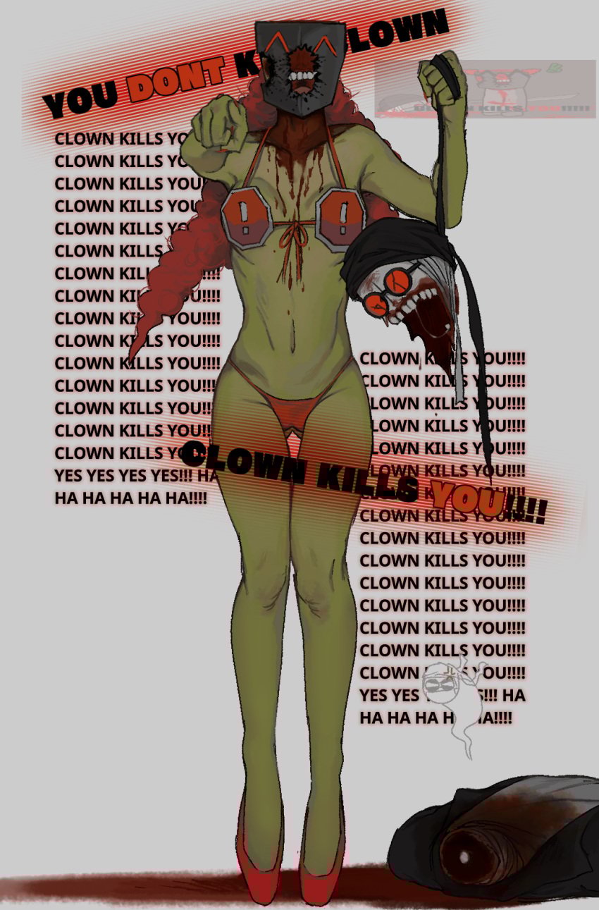 1boy 1girls bikini blood_drip blood_on_face blood_stain decapitation gore hank_j._wimbleton high_heels holding_head madness_combat no_sex red_hair rule_63 shitpost tricky_the_clown waxxeddoghouse zombie zombie_girl
