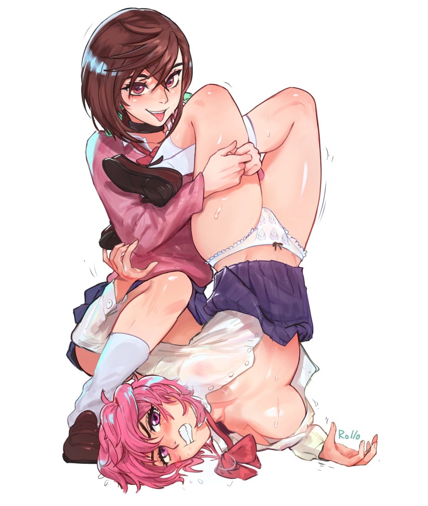 2girls ayase_momo bra brown_hair dandadan female female_focus female_only fight kuyuen1 pale-skinned_female pale_skin panties pink_hair shiratori_aira_(dandadan) short_hair solo solo_female solo_focus