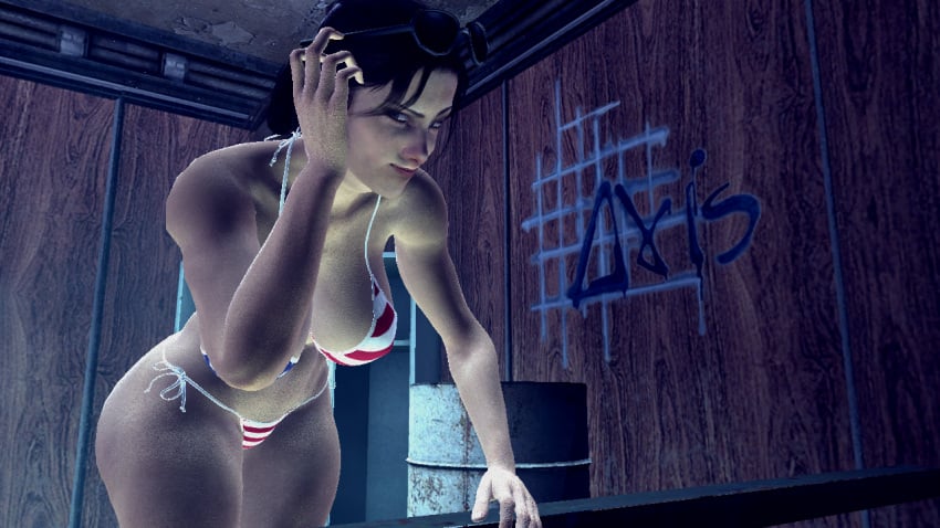 3d 3d_(artwork) american_flag_bikini big_breasts bikini bikini_bottom bikini_top brown_hair garry's_mod left_4_dead left_4_dead_(series) left_4_dead_2 light-skinned_female looking_at_viewer muscular muscular_female suggestive suggestive_look sunglasses sunglasses_on_head thick_thighs tomboy voluptuous zoey_(left_4_dead)
