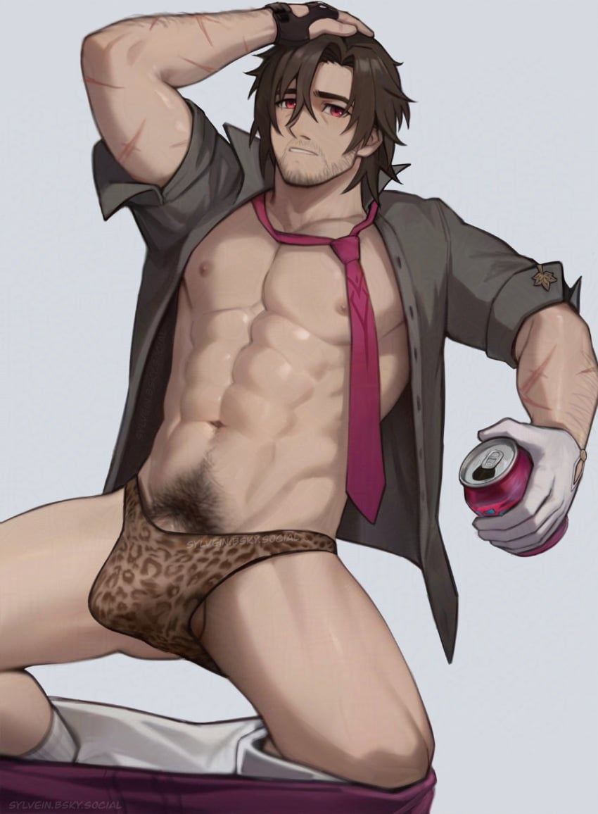 1boy abs animal_print balls bara brown_gloves can clothes_pull cross_scar drink_can english_commentary fingerless_gloves gallagher_(honkai:_star_rail) gloves grey_shirt highres holding holding_can honkai:_star_rail honkai_(series) leopard leopard_print looking_at_viewer male male_focus male_only male_underwear multiple_scars muscular muscular_male navel necktie nipples open_clothes open_shirt pants pants_pull pectorals penis penis_peek pubic_hair red_eyes red_necktie scar scar_on_arm shirt sylvein_art testicles underwear white_gloves
