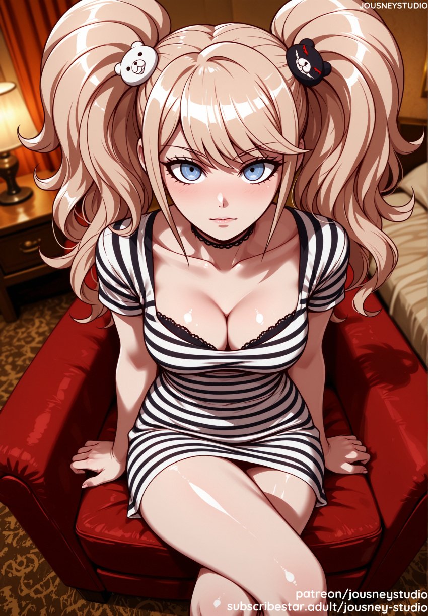 ai_generated arm_support bangs bare_shoulders bear_hair_ornament bed black_bra black_choker blonde_hair blue_eyes blush bra breasts chair choker clavicle cleavage closed_mouth clothing collarbone couch crossed_legs danganronpa danganronpa:_trigger_happy_havoc danganronpa_(series) dress enoshima_junko female female female_only furniture hair_ornament indoors jewelry jousneystudio junko_enoshima lamp large_breasts lips long_hair looking_at_viewer medium_breasts nail_polish shiny_skin shirt short_sleeves sitting smile solo striped striped_clothes striped_dress striped_shirt swept_bangs thighs twintails underwear vertical_stripes window