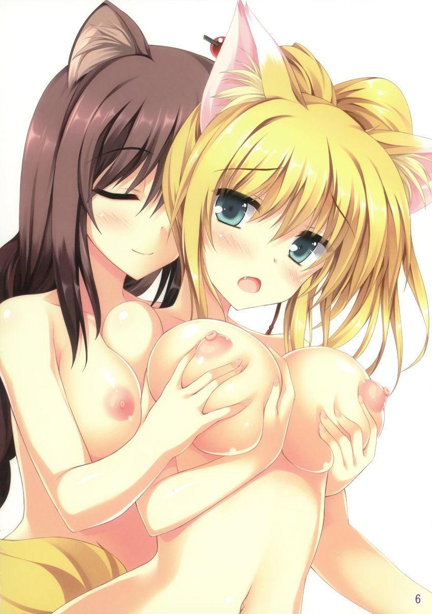 animal_ears aqua_eyes blonde_hair blush breast_grab breasts brioche_d'arquien cat_ears closed_eyes cute_fang dog_days dog_ear female fox_ear fox_tail high_resolution large_breasts long_hair multiple_girls navel nipples nude open_mouth puffy_nipples smile tail tateha_(artist) yukikaze_panettone yuri