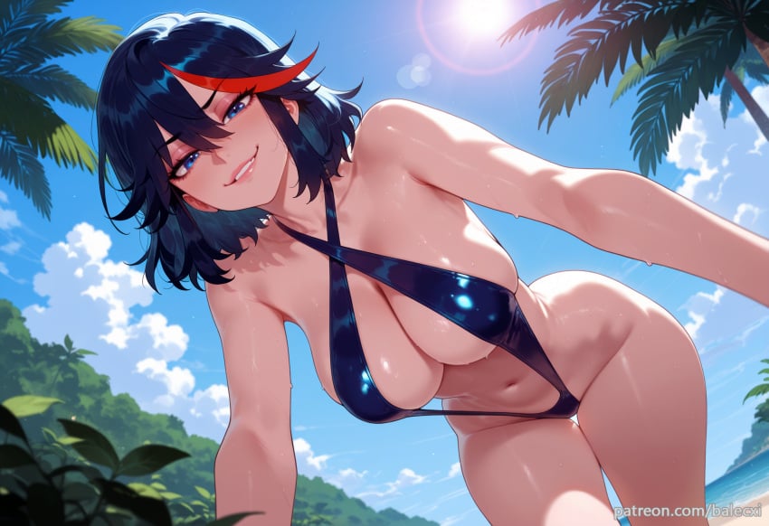 ai_generated balecxi beach black_hair blue_eyes blue_sky cleavage day female kill_la_kill large_breasts looking_at_viewer matoi_ryuuko navel outdoors palm_tree patreon_username red_hair short_hair slingshot_swimsuit smile solo streaked_hair swimsuit thighs
