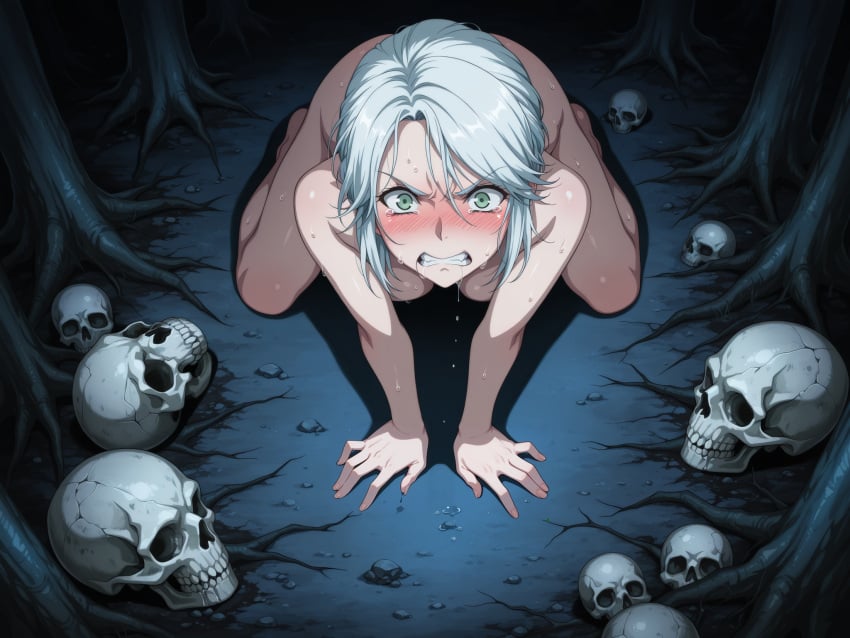 ai_generated aroused_face ass breasts cd_projekt_red ciri clenched_teeth completely_nude female forest green_eyes kneeling light-skinned_female looking_at_viewer mascara nude saliva solo solo_female the_witcher_(series) the_witcher_3:_wild_hunt wet_body white_hair zeta0080