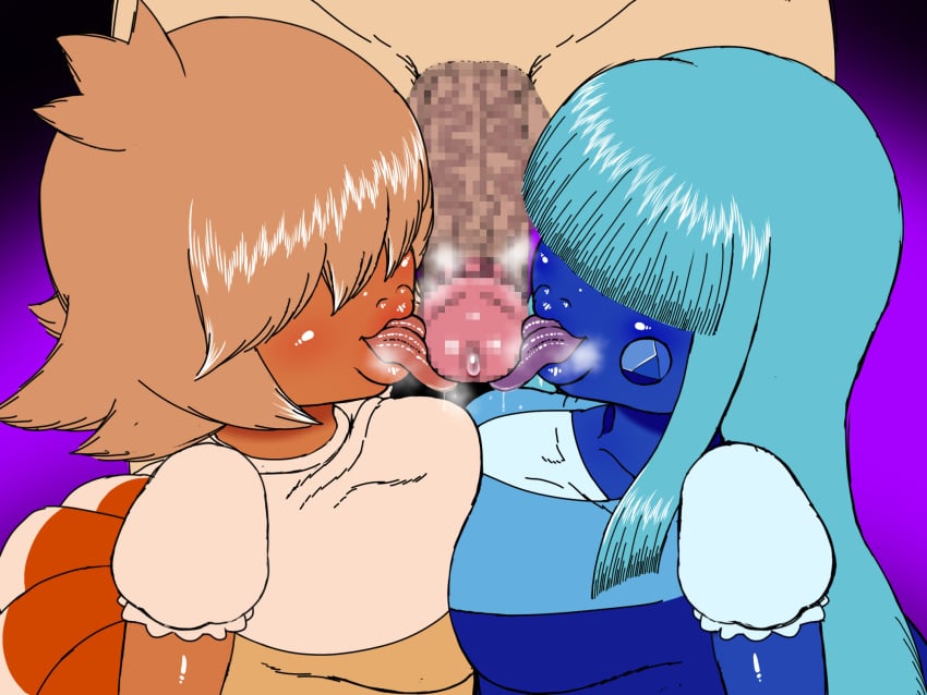 2d 2girls1boy alternate_version_available bangs bangs_over_eyes big_breasts big_lips big_penis blue-skinned_female blue_hair blue_skin blush cartoon_network clothing dress gem_(species) gem_on_face gotobeido licking licking_penis long_hair off_colors_(steven_universe) orange-skinned_female orange_hair orange_skin padparadscha_(steven_universe) penis penis_in_face sapphire_(gem) sapphire_(steven_universe) short_hair steven_universe