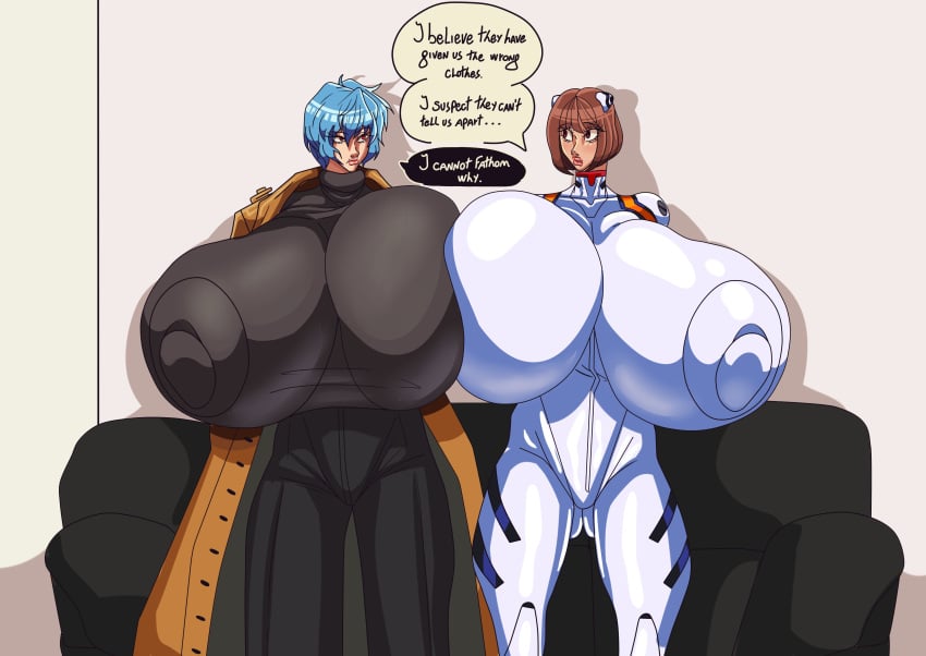 2girls daysy gigantic_breasts kamen_rider neon_genesis_evangelion nipple_bulge rei_ayanami ruriko_midorikawa symmetrical_docking