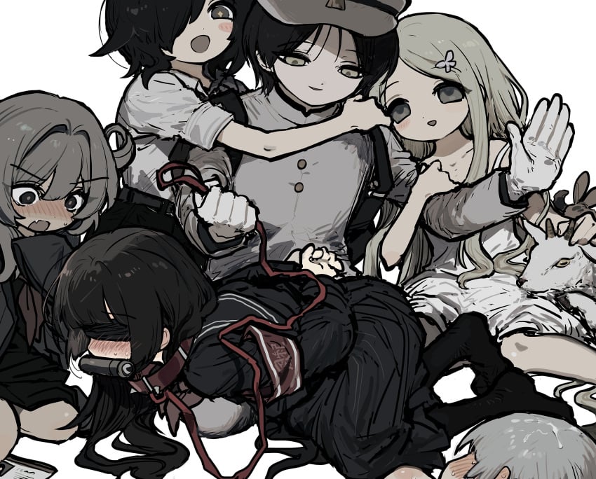 +_+ 1boy 5girls animal_collar arm_hug armband arms_behind_back baby_animal backpack bag bent_over bit_gag black_eyes black_hair black_pantyhose black_sailor_collar black_serafuku blindfold blush bondage bound bound_wrists brown_eyes brown_hair butterfly_hair_ornament closed_mouth collar commentary cum cum_on_hair dress gag gakuran gakuseibou girl_sandwich gloves goat grey_hat grey_jacket hair_ornament hair_over_one_eye half-closed_eyes hand_to_own_mouth hand_up harem hat highres holding holding_leash hug jacket jihecchi kneeling leash long_hair looking_at_another male multiple_girls nose_blush oerba_yun_fang one_eye_covered open_mouth original out_of_frame pantyhose pet_play red_armband sailor_collar sandwiched school_uniform serafuku shirt short_dress short_hair short_sleeves simple_background single_hair_ring sitting sleeveless sleeveless_dress sleeves_past_fingers sleeves_past_wrists sleeves_rolled_up smile spaghetti_strap spanking strap_slip v-shaped_eyebrows wariza white_background white_dress white_gloves white_shirt wide-eyed yellow_eyes