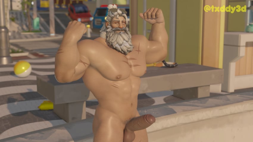 1boy balls bara barazoku beard big_balls big_penis flexing light-skinned_male light_skin male male_only mature mature_male muscular muscular_male old_man older_male overwatch overwatch_2 penis reinhardt solo solo_male txddy3d white_hair