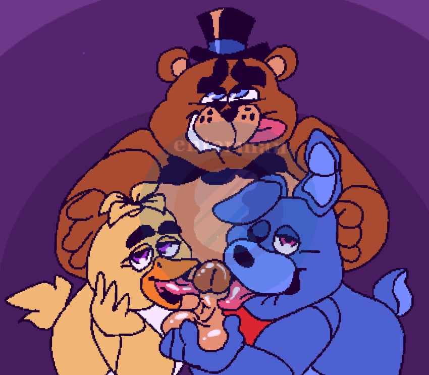 bisexual bisexual_male biting_lip bonnie_(fnaf) chica_(fnaf) collaborative_fellatio double_blowjob enterman fellatio female five_nights_at_freddy's freddy_(fnaf) freddy_fazbear holding_balls looking_at_viewer looking_pleasured male male/male male/male/female purple_background scottgames simple_background straight teamwork tongue tongue_out