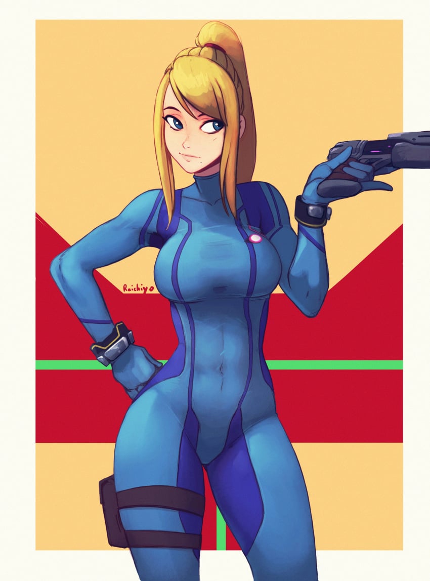 1girls artist_name artist_signature athletic athletic_female bangs big_breasts big_thighs blonde_female blonde_hair blue_bodysuit blue_eyes bodysuit bracelet breast_focus breasts closed_mouth contrapposto covered_navel cowboy_shot female female_human female_only fit fit_female from_front front_view gloves gun hand_on_hip handgun hi_res high_ponytail holding holding_gun holding_weapon holster human large_breasts lips long_hair looking_at_viewer looking_to_side medium_breasts metroid mole mole_under_mouth nintendo pistol ponytail raichiyo33 samus_aran scrunchie serious sidelocks skin_tight solo solo_female standing swept_bangs thick_thighs thigh_holster thigh_strap tight_clothing tomboy trigger_discipline turtleneck weapon wide_hips zero_suit zero_suit_samus