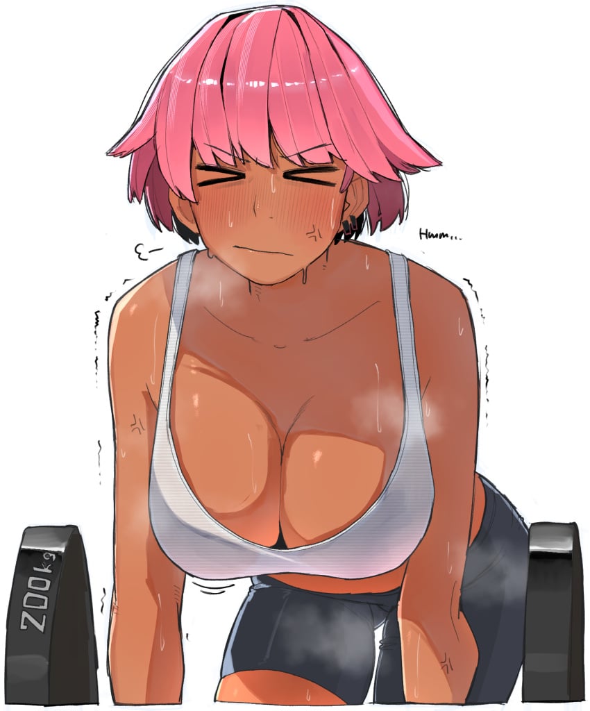 &gt;_&lt; 1girls barbell bent_over big_breasts bike_shorts blush breasts cleavage closed_eyes collarbone dark-skinned_female dark_skin ear_piercing english_text female female_only large_breasts looking_at_viewer midriff musk_clouds ohasi ohasiart original original_character pink_(ohasi) pink_hair plump short_hair simple_background solo solo_female spats steam sweat sweatdrop sweating tagme thick trembling weightlifting white_background