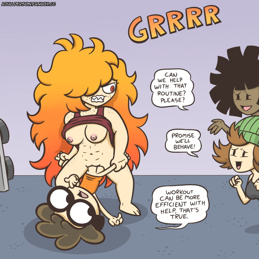 1boy 1boy1girl 3girls abs adullperson amazon_position angry angry_face barefoot big_breasts black_hair bottomless breasts brown_hair couple feet female growling gym hat holding_both_legs indoors_sex looking_at_another male nerd_(nerd_and_jock) nerd_and_jock_(webcomic) nipples orange_hair penis_in_pussy sex sharp_teeth shirt_up teeth_showing tiger_(nerd_and_jock) webcomic