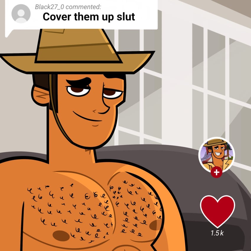 1boy bara chest_hair cover_them_up_slut dark-skinned_male dark_skin diego_(disventure_camp) diego_olivo disventure_camp disventure_camp:_carnival_of_chaos gay hat looking_at_viewer male male_only meme nipples nude nude_male selfie smile smiling_at_viewer solo solo_male text upper_body