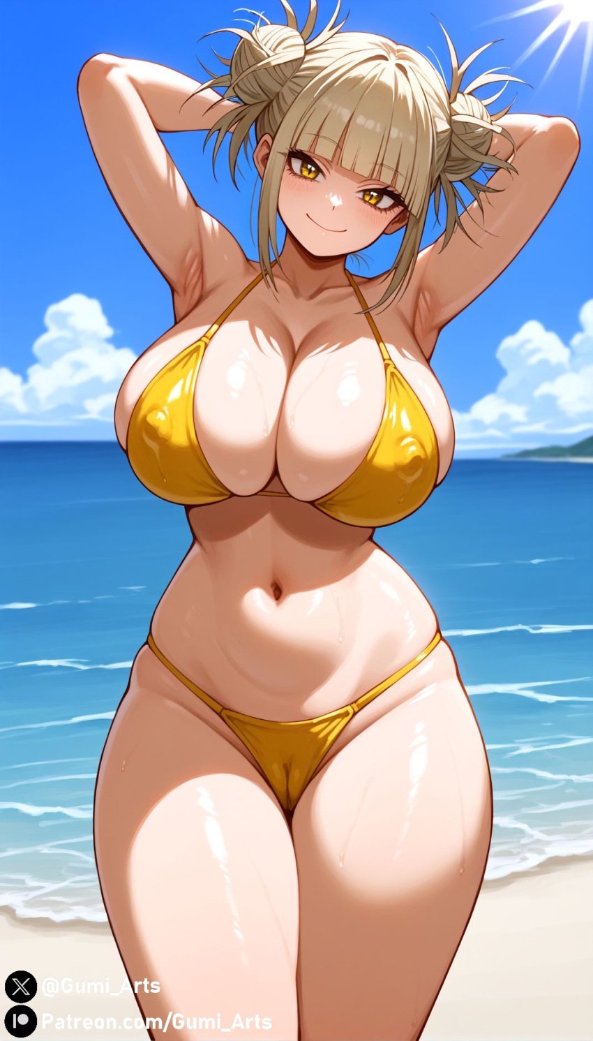 ai_generated bikini blonde_hair boku_no_hero_academia cleavage covered_nipples covered_pussy gumi_arts hands_behind_head himiko_toga huge_breasts my_hero_academia navel oiled outdoors smile stable_diffusion thick_thighs toga_himiko yellow_eyes