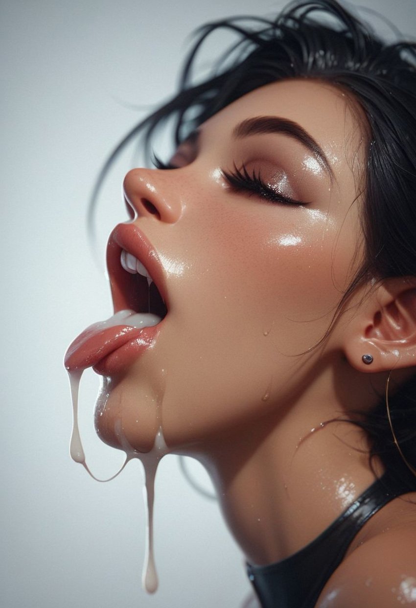 ai_generated collar cum cum_on_chin cum_on_tongue dark_hair eyes_closed mouth_open perspiration solo_female solo_focus sweat sweatdrop tagme